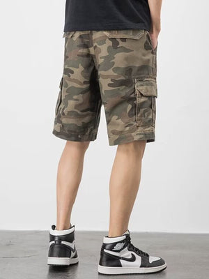 Men's plus-size cargo shorts in camo pattern with relaxed fit and multiple pockets.