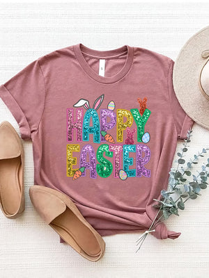 Dusty Pink t-shirt with glittery Happy Easter graphic, bunny ears, carrots, and eggs.