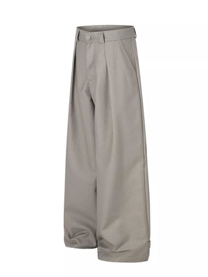 Khaki wide-leg casual pants with belt loops and pleats.