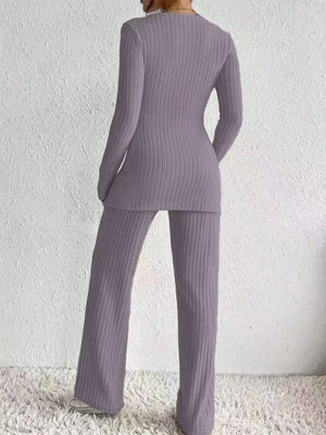 Lilac ribbed knit lounge set with long sleeves and wide-leg pants.