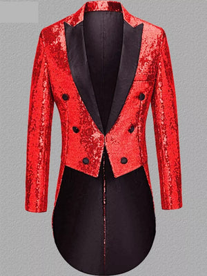 Men's red sequin double-breasted tailcoat blazer with black lapels and buttons.
