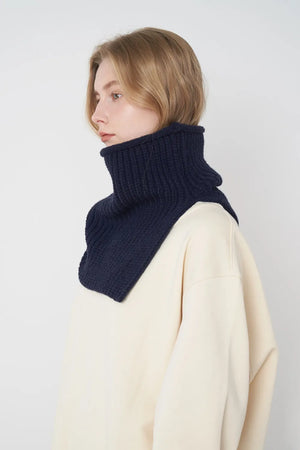 Dark Navy ribbed neck warmer with extended panel, cozy knit accessory.