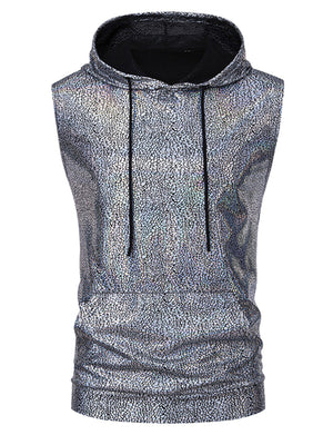 Iridescent silver sleeveless hooded tank top with black drawstring and cracked pattern.