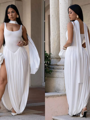 White scoop neck maxi dress with draped fabric and high slit