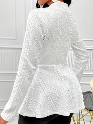 White textured knit peplum blazer with cable knit diamond pattern and long sleeves.