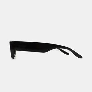 Black angular acetate sunglasses with thick frames and temples.