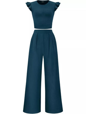 Ruffled cap sleeve maternity top and wide leg pants set in blue.