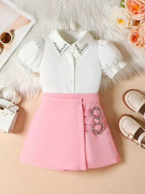 Toddler pink skirt and white puff sleeve shirt with rhinestone collar