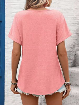 Pink relaxed fit t-shirt with cuffed short sleeves and lace trim detail