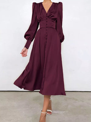 Elegant V-neck Puff Sleeve Button-down Midi Dress in White, view 12