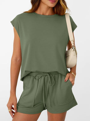 Army green loungewear set with round neck cap sleeve top and drawstring shorts.