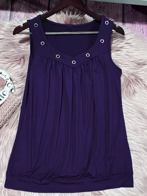 Purple V-neck ruched tank top with eyelet accents and a gathered hem.