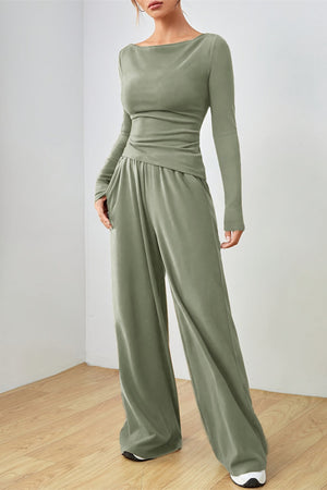 Matcha green boat neck loungewear set with long sleeves and wide leg pants.
