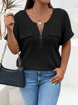 Black ribbed knit henley with zip neckline and chest pockets