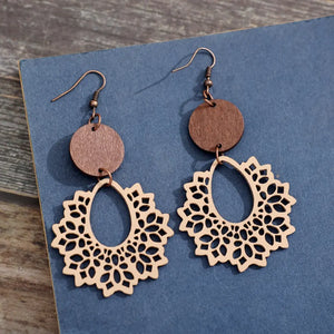 Floral laser-cut wooden drop earrings in tan with boho design