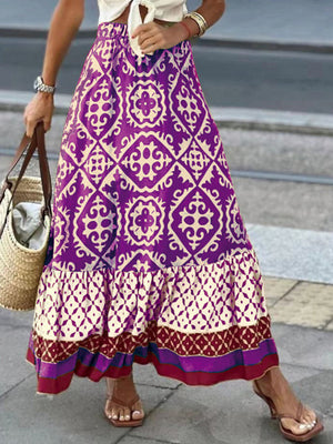Tiered maxi skirt in purple with medallion print and ruffled hem