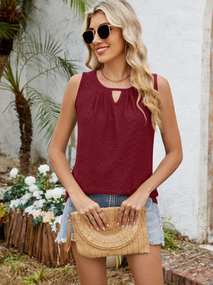Burgundy perforated keyhole tank top with gathered neckline.