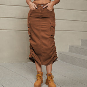 Chestnut cargo denim midi skirt with adjustable ruching and pockets