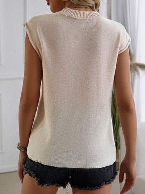 Beige knit vest with mock neckline and cap sleeves, casual basic style.