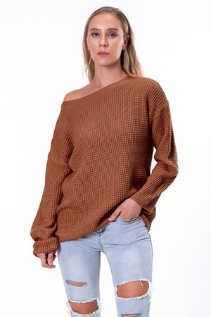 Chestnut waffle knit slouch sweater with off-shoulder neckline