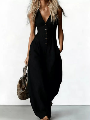 V-neck Button-down Wide-leg Jumpsuit in White, close-up detail