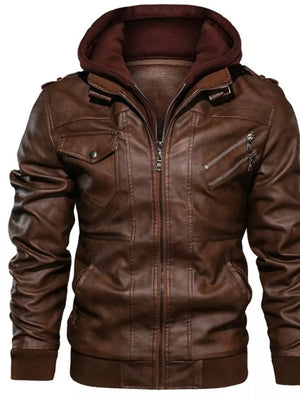 Men's brown faux leather moto jacket with attached hoodie, zipper and button details.