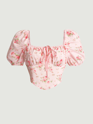 Pink floral tie front puff sleeve blouse with square neckline