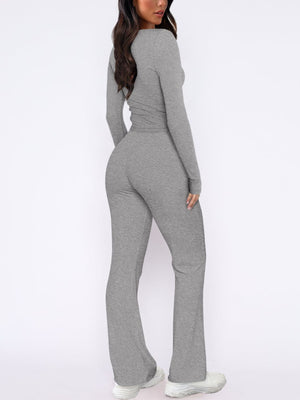Gray long sleeve loungewear set with flared pants.