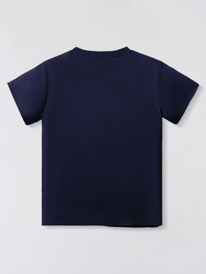 Toddler navy blue cotton blend crew neck t-shirt, basic style.