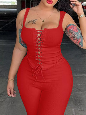 Scarlet lace-up tank top and capri pants set with drawstring detail