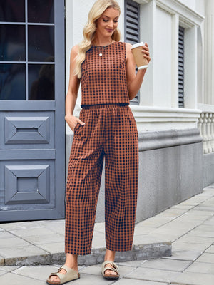 Brown gingham cropped tank and wide leg pants set with pockets.