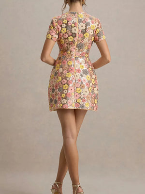 Floral sequin mini dress with short sleeves and a zip back.