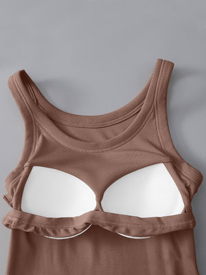Brown ribbed knit tank top with built-in bra cups and scoop neckline.