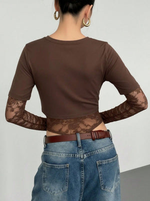 Brown lace bodysuit with sheer sleeves and lace trim detail.