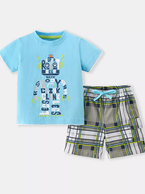 Baby blue cotton tee with robot graphic and plaid shorts set.