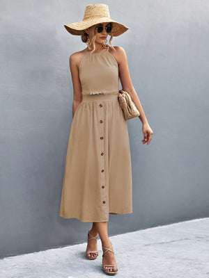 Khaki button-down midi dress with halter neck and A-line skirt.