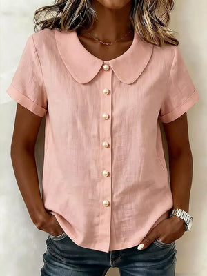 Peter Pan Collar Pearl Button Short Sleeve Shirt, fabric detail