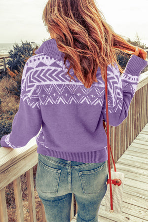 Lavender knit pullover sweater with white geometric pattern and zip neck.