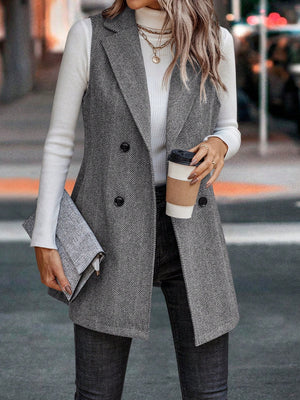 Herringbone tailored vest in dark gray, double-breasted with a collared neckline.