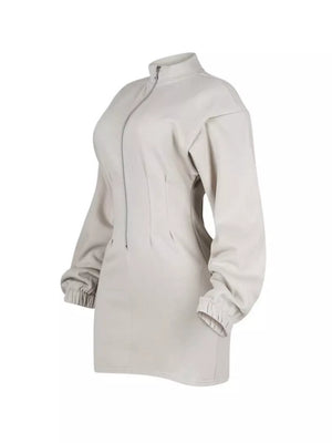 Casual Zip-up Long Sleeve Mini Dress in Off-white, product detail