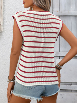 Striped knit sweater vest in red and white, sleeveless with a crew neck.