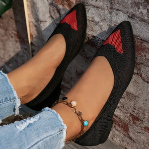 Black knit pointed flats with red geometric detail, women's slip-on shoes