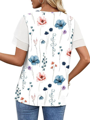 Layered ruffled short sleeve t-shirt with a white floral print and sheer sleeves.