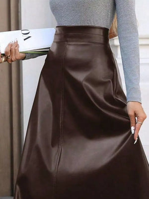 Brown leather-like A-line midi skirt with central seam detail