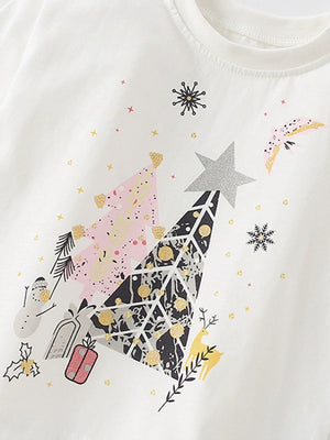 White cotton blend kids t-shirt with festive Christmas trees, snowman, gifts, deer, and snowflakes graphic.