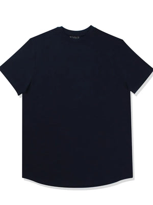 Navy performance t-shirt with crew neck, short sleeves, and sculpted hemline