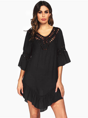 Black lace-trimmed cover-up with V-neck and ruffled hem