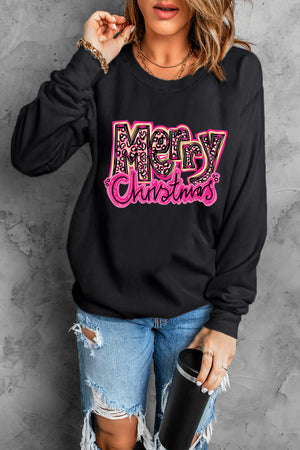 Black crewneck sweatshirt with leopard print Merry Christmas graphic