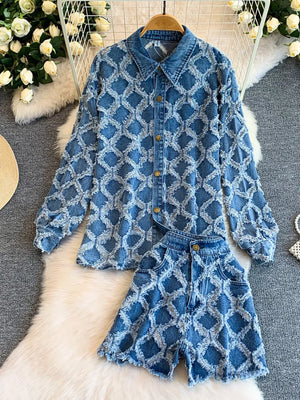 Distressed denim jacket and shorts set with diamond pattern and frayed details.
