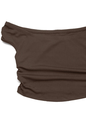 Chocolate ribbed off-shoulder top with ruched side detail